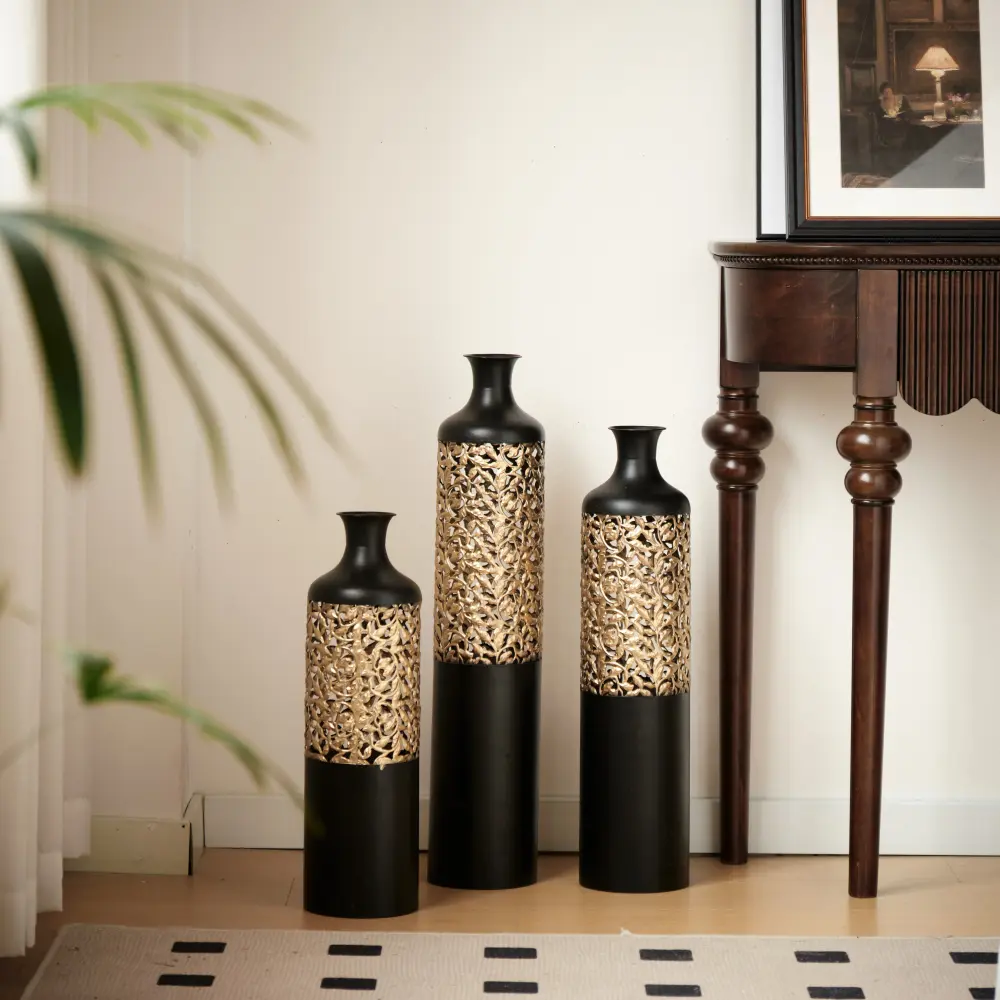 Modern 3-Piece Black and Gold Metal Floor Vase Set - Slim Cylindrical, Handcrafted Cutout Pattern, 3 Sizes/Layered Look for Living Room, Entryway (Ideal for Pampas Grass, Dried Flowers)