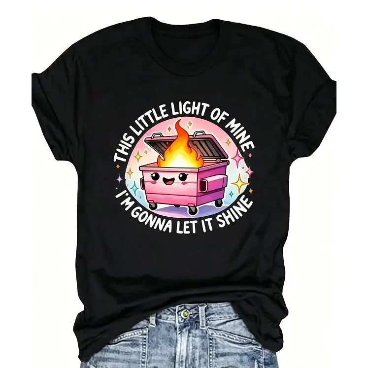 Women's Funny "My Little Light" Flame T-Shirt - Short Sleeve Round Neck Casual Top with Safety Design & Pink Lettering, Machine Washable Blouse for Spring Summer Daily Wear, Cute Cartoon Flame Print