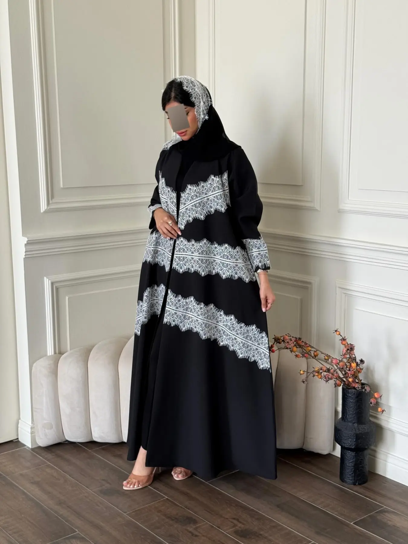 Hafizah Women's Wave Lace Patchwork Long Cardigan Scarf Set, Loose-Fitting Flowy Outerwear, All-Season Plain Surface, Unlined