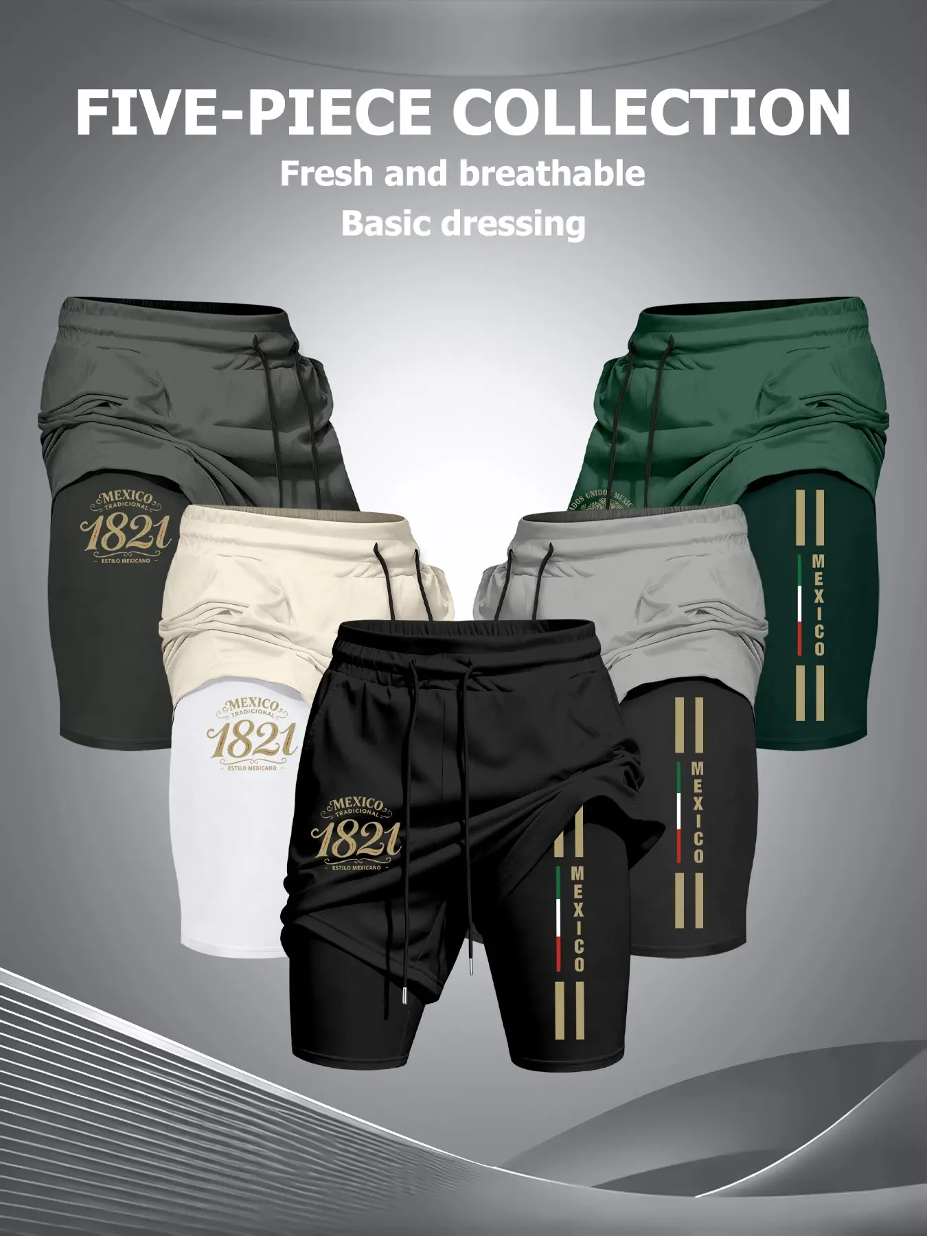 Men's 5-Piece Set Mexican Theme Fake Two-Piece Basketball Shorts, Breathable Anti-Exposure Commuter Sportswear, Daily Fitness