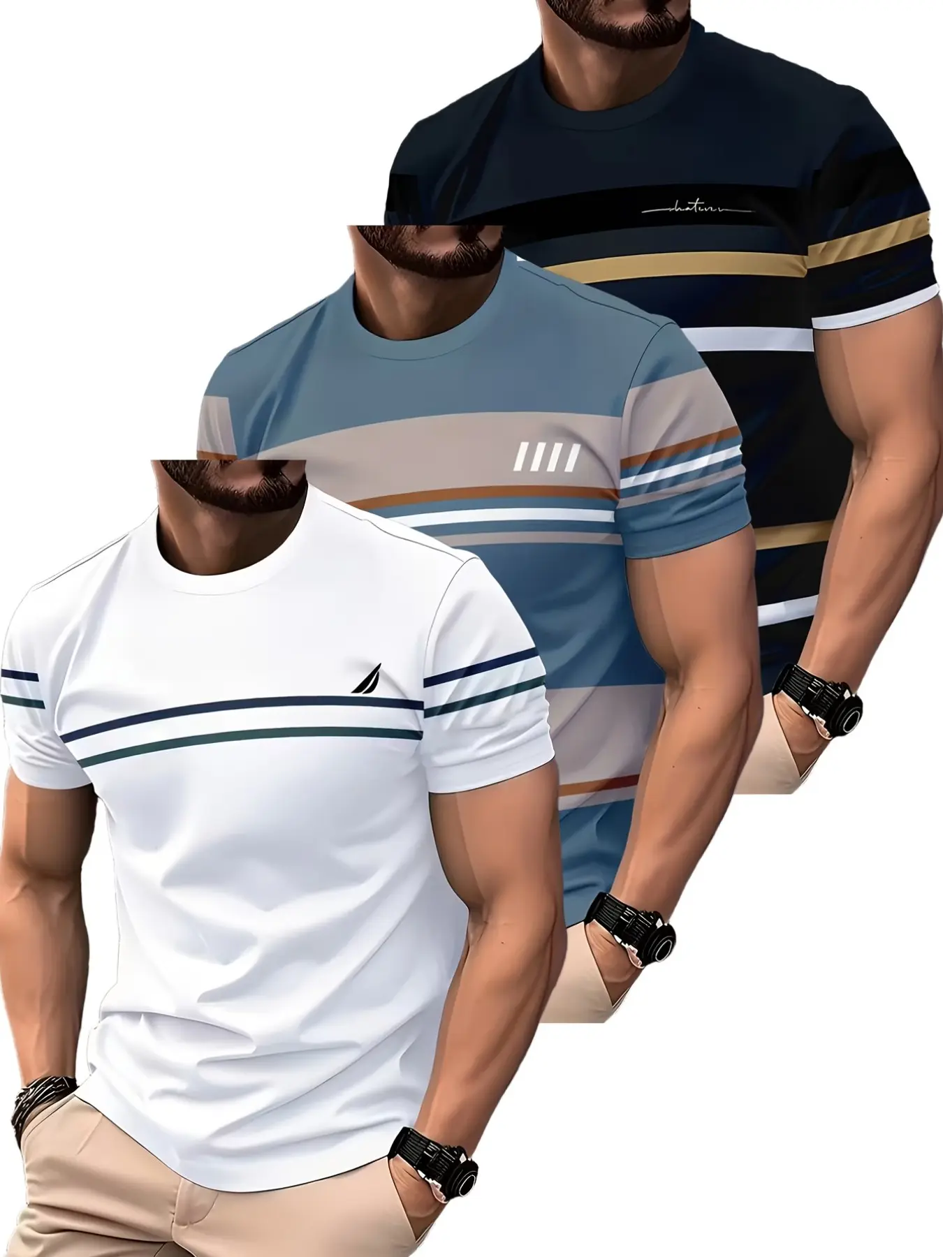 3-Pack Men's 3D Printed T-Shirts, Breathable Casual T-Shirts, Round Neck, Ideal for Outdoor Activities, Sporty Design, Spring & Fall
