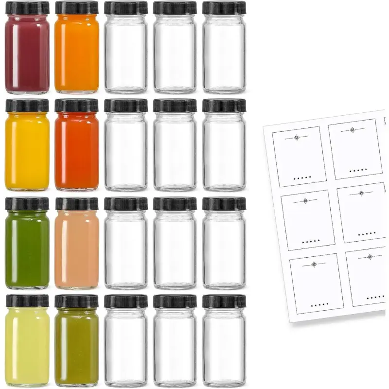 20-Pack 2-Ounce Glass Shot Bottles with Black Caps and 20 Labels - Small Transparent Jars for Ginger, Drinks, Juice, Samples, Whiskey - Travel Essential Mini Bottles - Wide Mouth, Leak-Proof, Dishwasher Safe-L