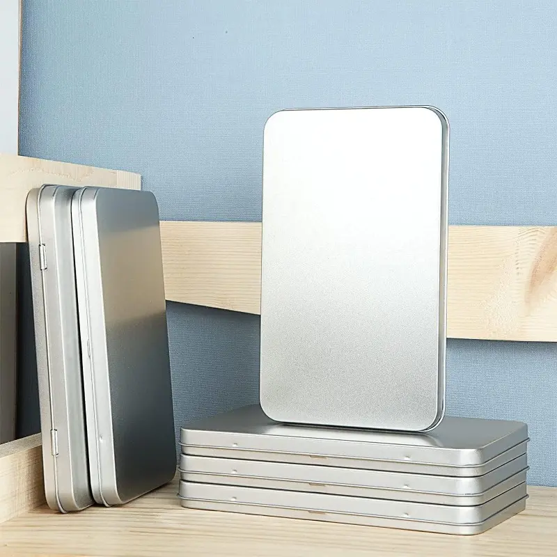 6 Pack Metal Rectangular Hinged Tin Box Container, Sliver Tin Empty Box with Lid, Mini Tin Containers for Watercolor, Jewelry, Makeup, Candy, Craft Organize(10x7x2 cm)