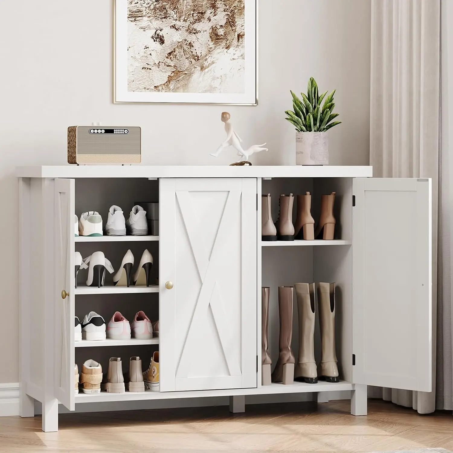 GARVEEShoe Cabinet with Doors, Farmhouse 35'' Shoe Storage Cabinet for Entryway, 4-Tier Shoe Cabinet with Storage, Large Shoe Organizer Cabinet for Entryway Hallway, White