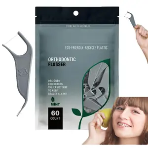 60 Count Mint Flavor Orthodontic Floss Picks, Gray Disposable Ortho Dental Flossers, Portable Professional Braces Oral Cleaning Floss Tools for Daily Oral Care