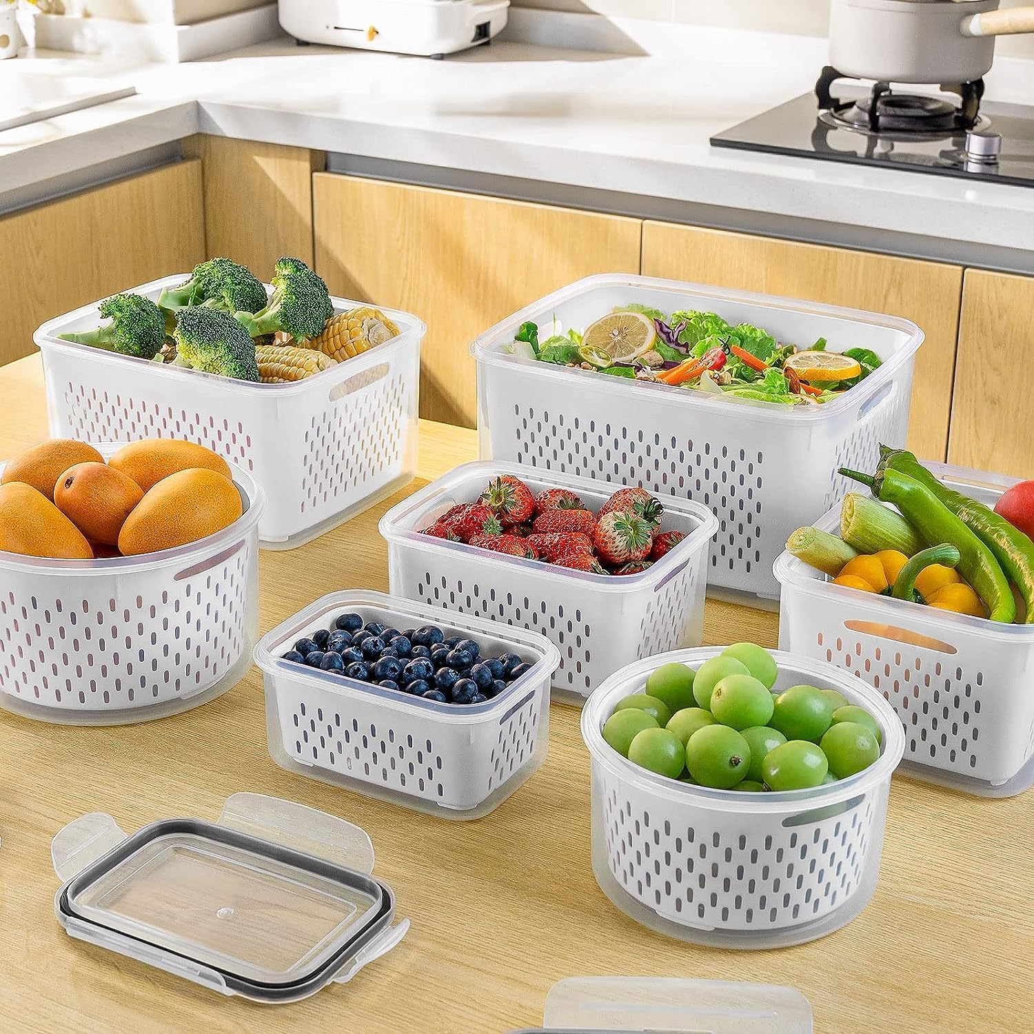 8 Pack Large Fruit Containers for Fridge - Leakproof Food Storage Containers with Removable Colander - Dishwasher & microwave safe Produce Containers Keep Fruits, Vegetables, Berry, Meat Fresh longer