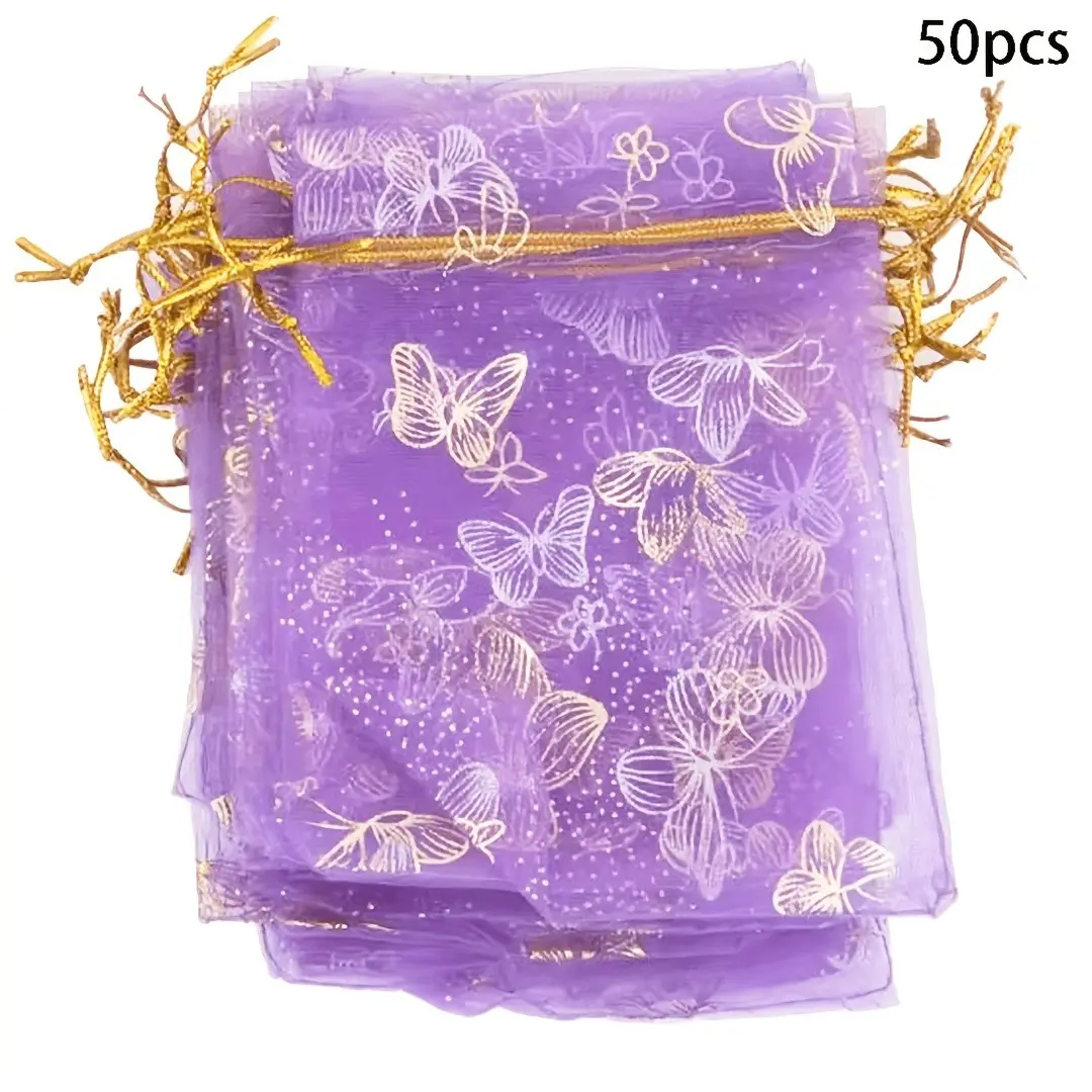 50 Pcs Light Organza Gift Bags, Gold Silver Foil Butterfly Design, 3.54x4.72 Inches, Ideal for Weddings and Party Gifts