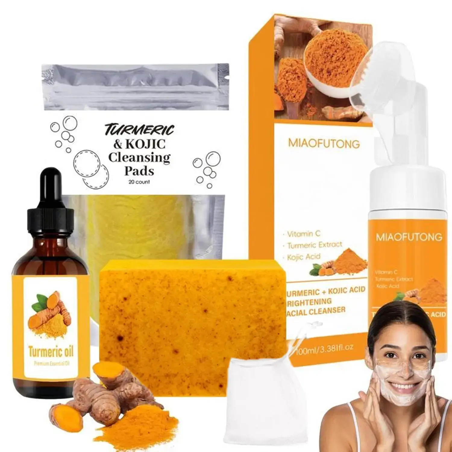 Turmeric Cleansing Set, 4 Counts/set Nourishing Turmeric Soap & Cleaning Pad & Mousse Cleanser & Oil, Deep Cleansing Skin Care Kit for Women & Men