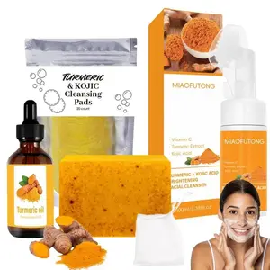 Turmeric Cleansing Set, 4 Counts/set Nourishing Turmeric Soap & Cleaning Pad & Mousse Cleanser & Oil, Deep Cleansing Skin Care Kit for Women & Men