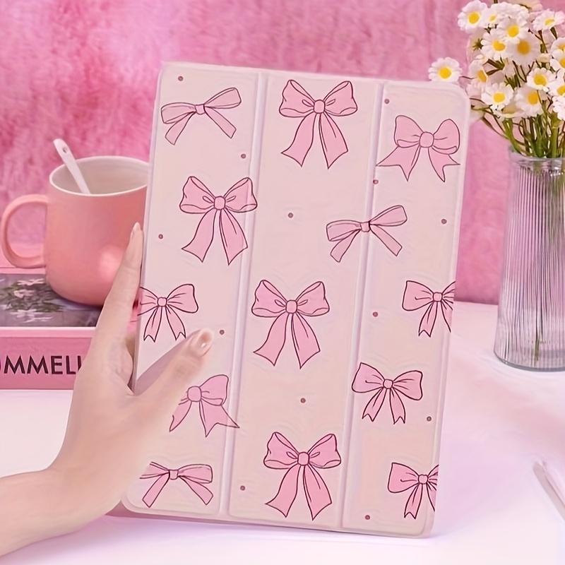 Pink Full-Screen Bow Pattern Tablet Casing with Adjustable Bracket & Pen Slot Foldable Non-Slip TPU Protective Case for iPad Mini Air Pro 10th 11th Gen