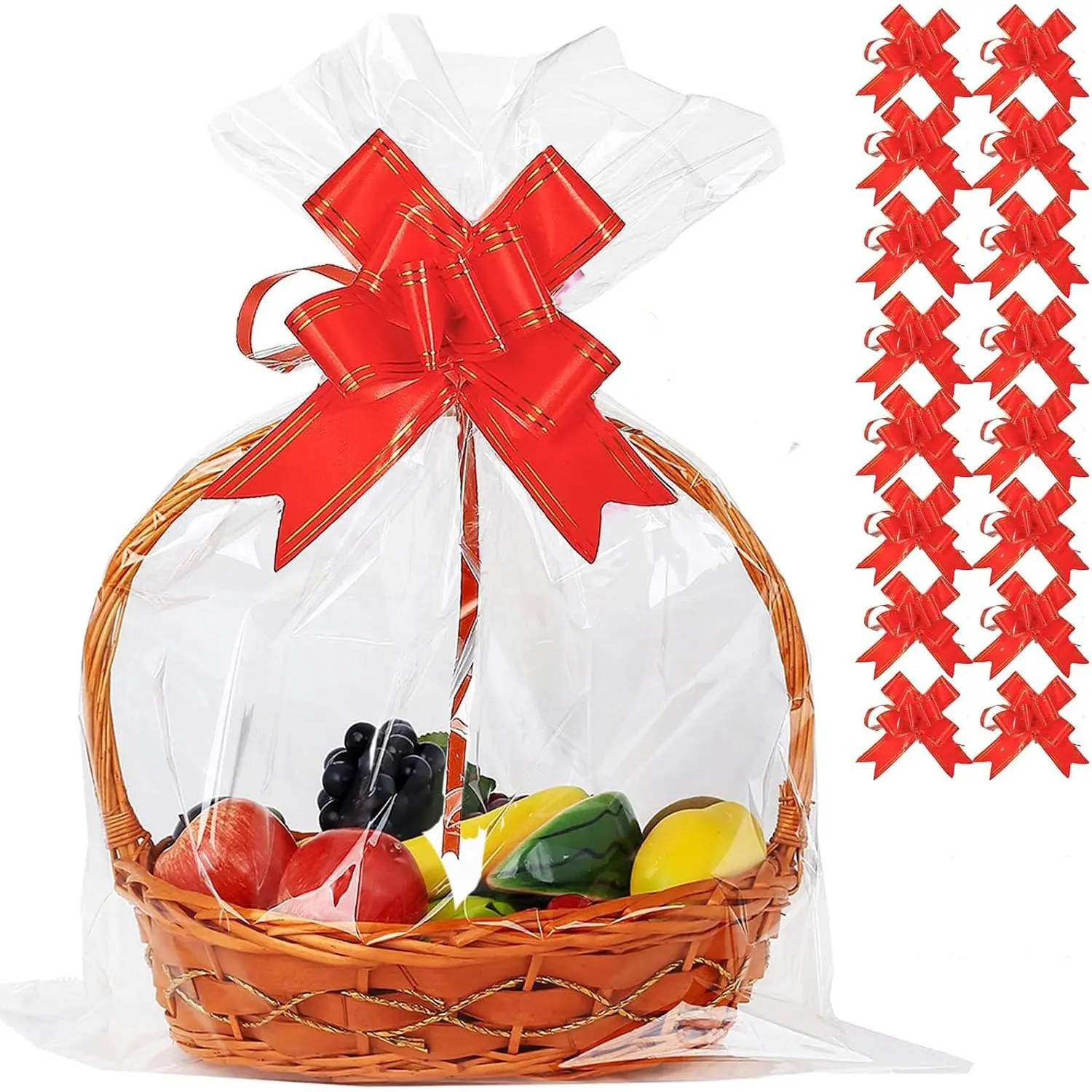50 Packs Large Cellophane Bags 18" x 24" Clear Cellophane  Basket Wraps 2.3 Mil Thick Clear Cello Bags for Fruit Basket,  Wrap, , Arts and Crafts, 50ct Red Ribbon Bows