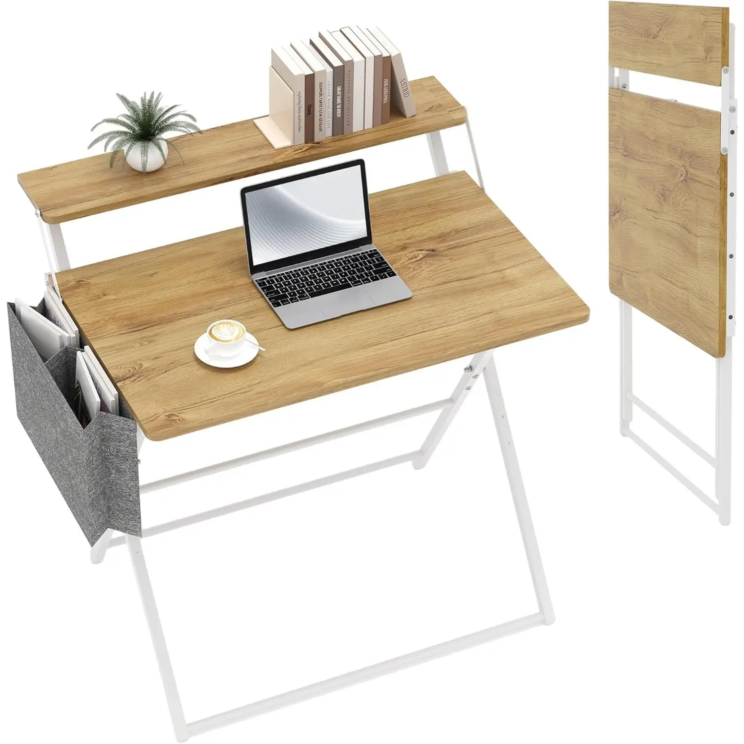 Small Desk No Assembly,31.5Inch 2-Tier Compact Computer Desk with Shelf & Side Pocket,Space Saving Foldable Table for Home Office, Bedroom or Apartment,Portable Collapsible Sturdy Laptop Desk