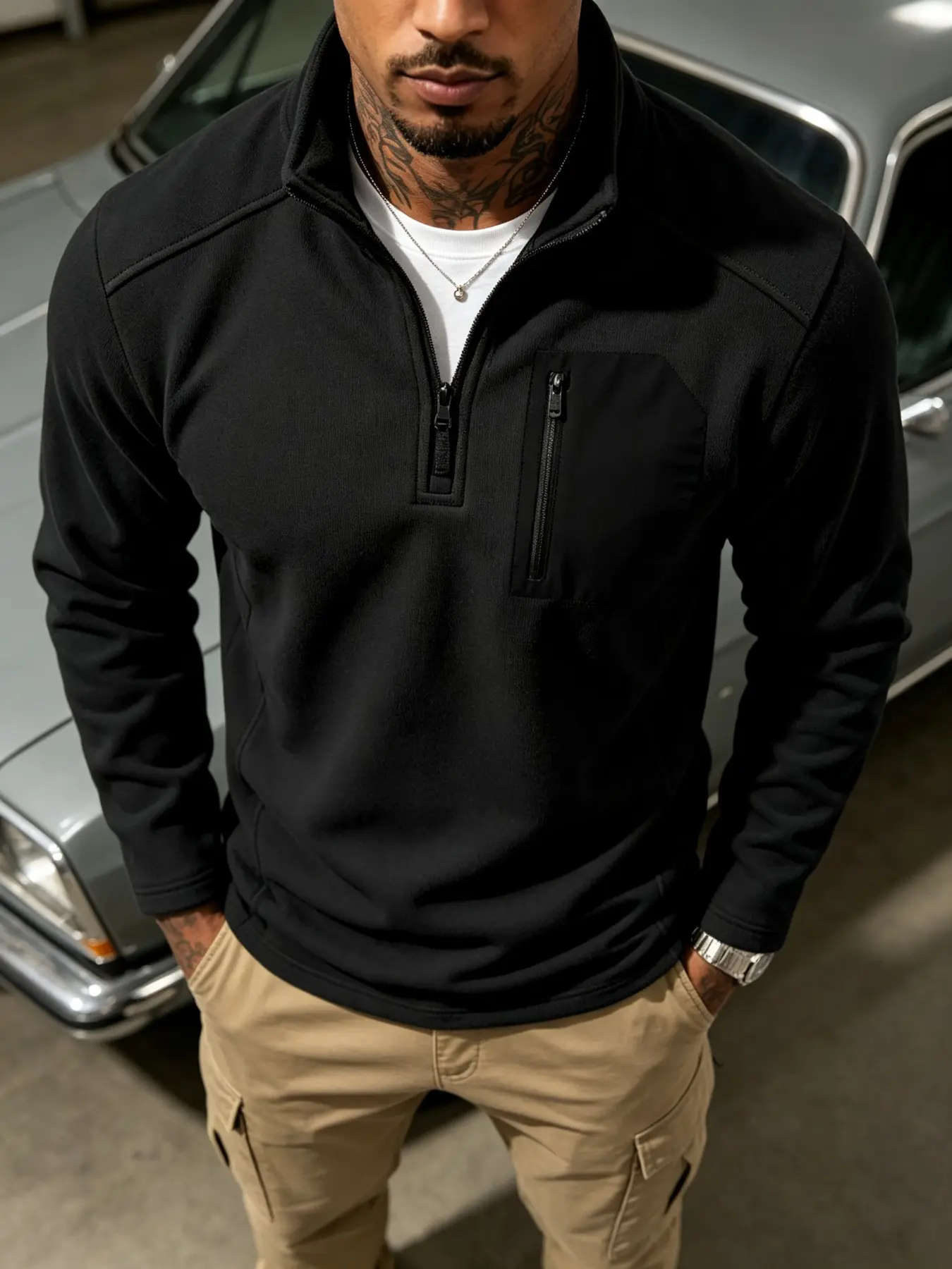 Men's Heavyweight Fleece Quarter Zip Pullover, Warm Stand Collar Long Sleeve Sweatshirt, Athleisure Minimalist, Functional Top for Outdoor Hiking, With Contrast Zipper Chest Pocket, Loose Fit for Camping, Travel & Daily Casual Wear