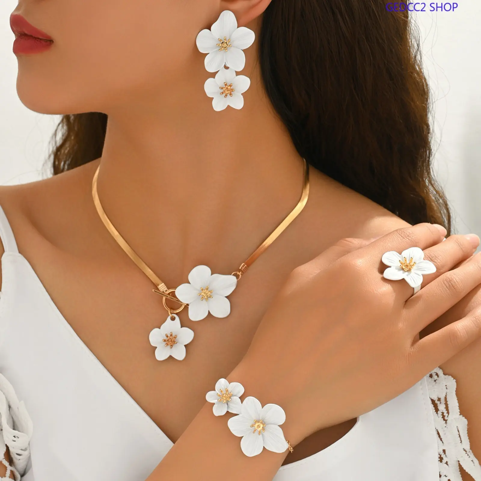 Female Colorful Flower 2-Piece Jewelry Set (Includes Necklaces & Earrings), Floral Pendant Statement Accessories, Summer Fashion for Party & Vacation Wear