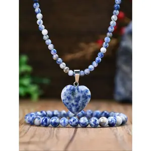 Vintage Sodalite Stone Necklace Bracelet Set Heart Charm Pendant Beaded Jewelry Gift for Women Holiday Accessories, Fashion Jewelry Set, Jewelry Sets
