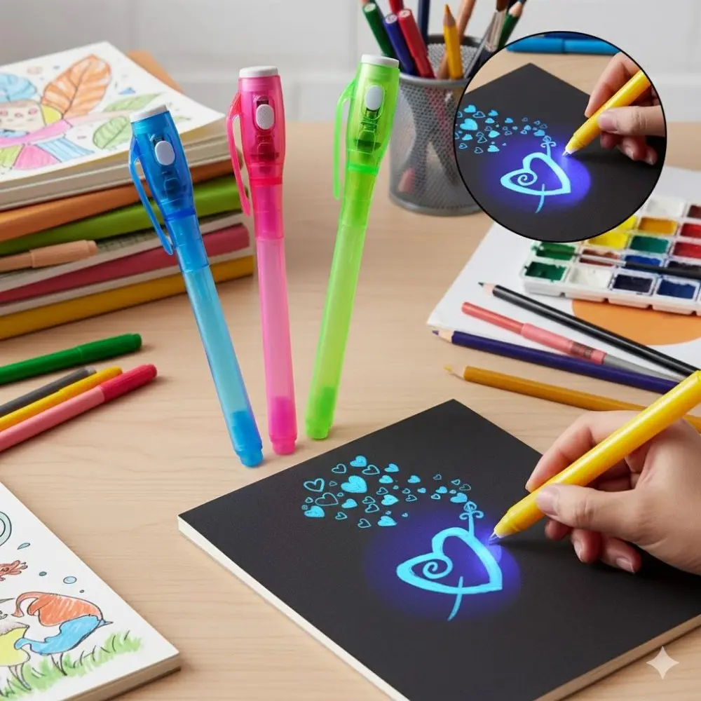UV magic Invisible Pen Safe Non toxic kids fluorescent Ink, Secret Writing Learning Tool Uv Light Reveal Educational Toy, Glow Doodle party Game Interactive Pen multi Scenario Student Party Gift