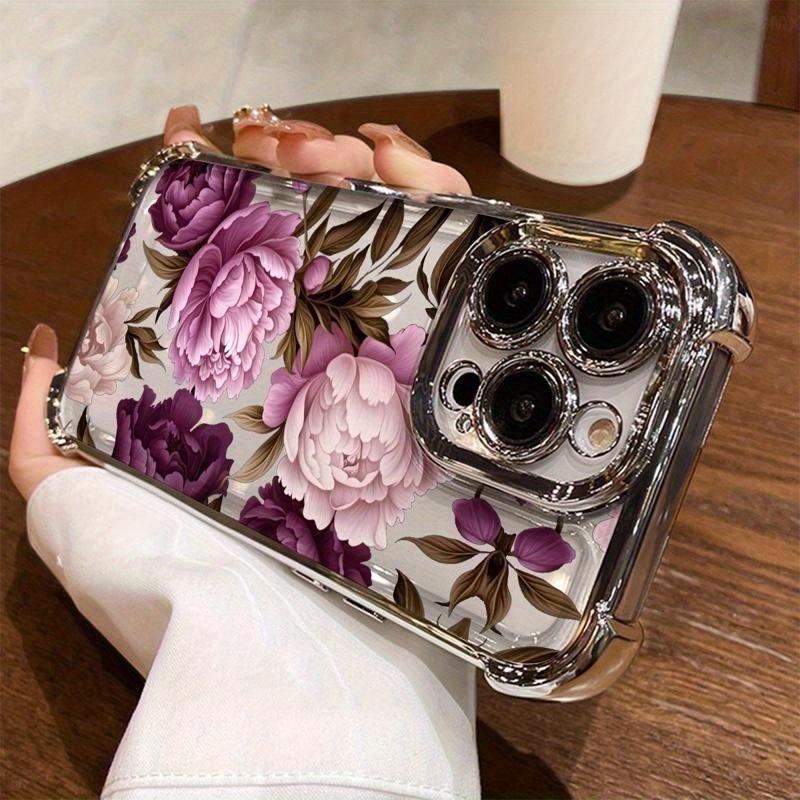 Purple Peony Pattern, Four-corner Electroplating Anti-drop, Non-slip TPU Full-cover Lens Mobile Phone Protective Case, Suitable for IPhone 17 16 15 14 13 12 11 XS X and Other Series Models, Can Be Given As A Gift To Friends or Family
