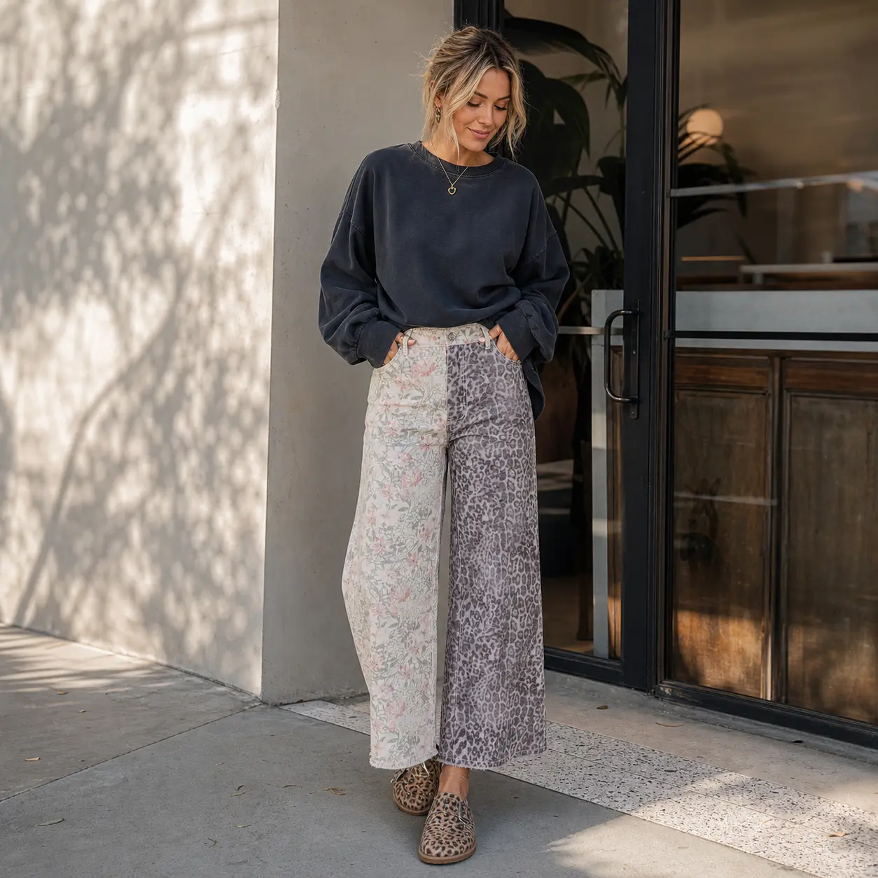 Women’s High Waist Straight Leg Jeans with Floral and Leopard Patchwork Print, Washed Statement Pants