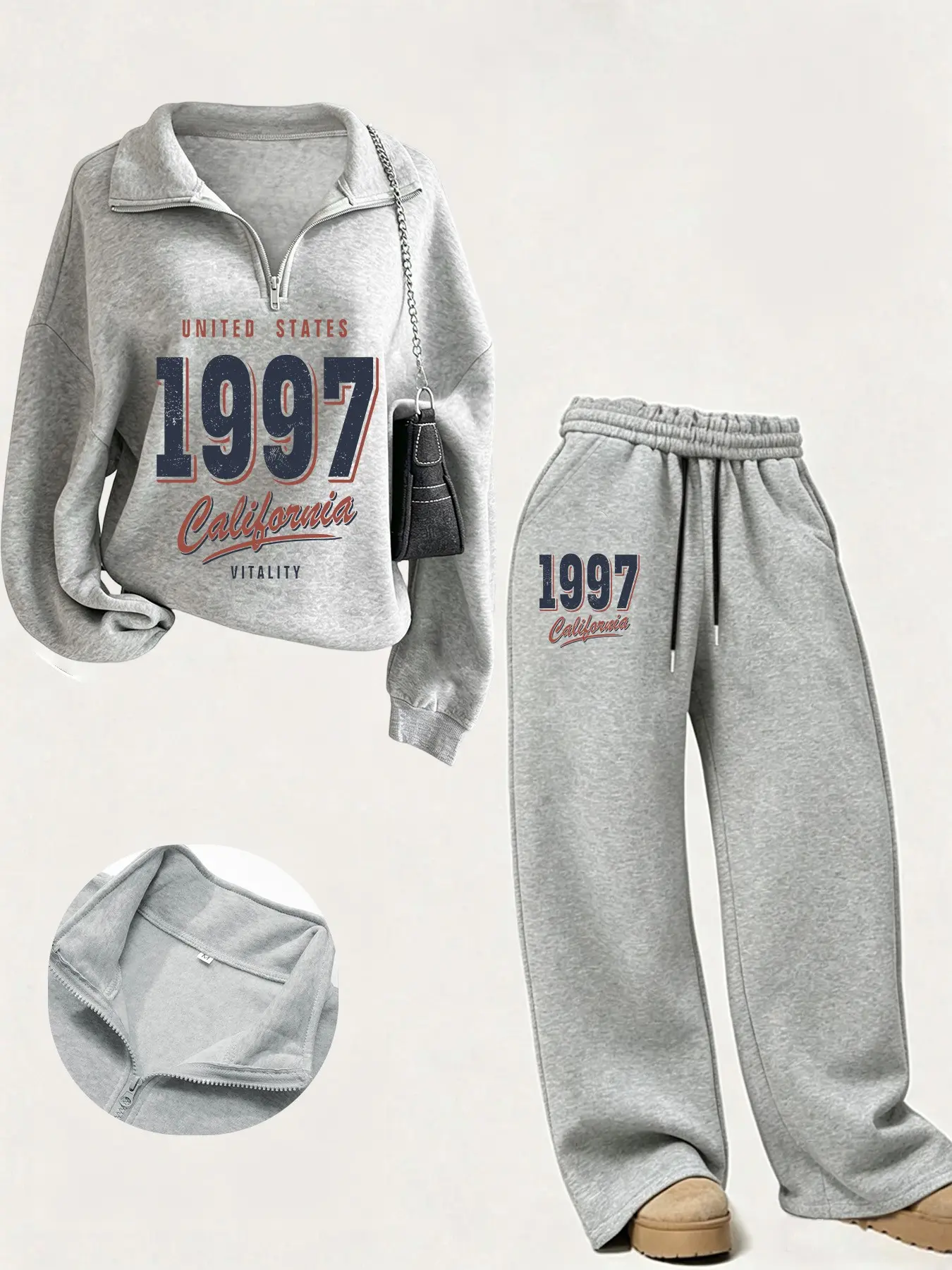 Women's Half-Zip Collar Sweatshirt + Drawstring Wide Leg Pants Set, California Letter Print, Casual Comfort, Spring Fall Wear