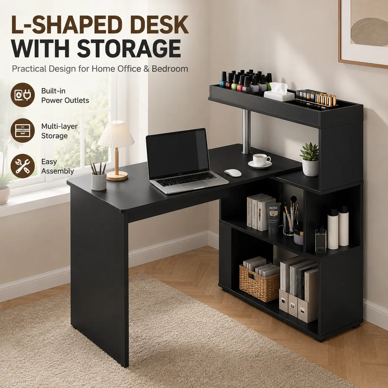 L-Shaped Nail Tech Desk with Storage Shelves, Reversible Manicure Table for Home Salon, Professional Nail Station