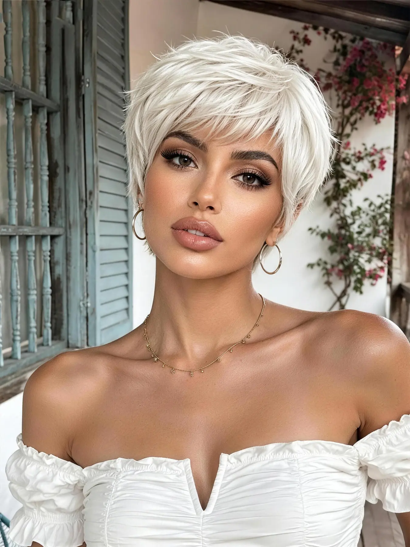 8-Inch Women's Short Pixie Wig, Silver Color Layered Bangs, Heat-Resistant Synthetic Fiber, Natural Voluminous Short Wig for Daily Use Layered Cut Wigs