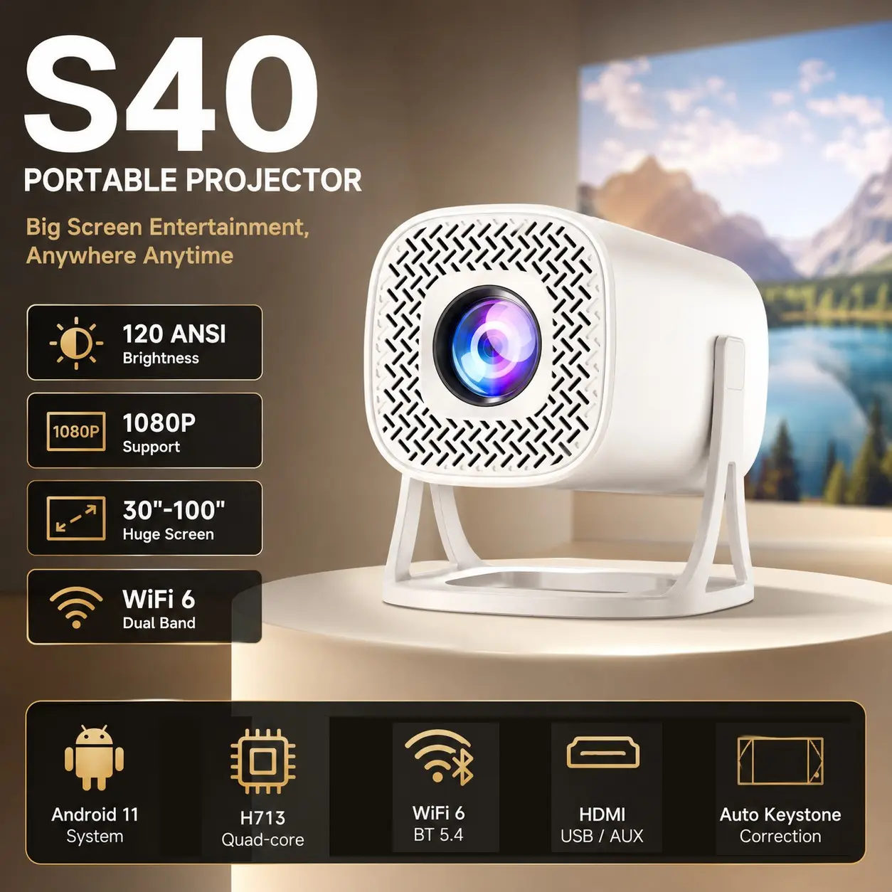Portable Projector for Home Theater, Wireless Screen Casting, Wifi6 Connectivity, HDMI, Trangle Correction, Kids & Adults Family Cinema