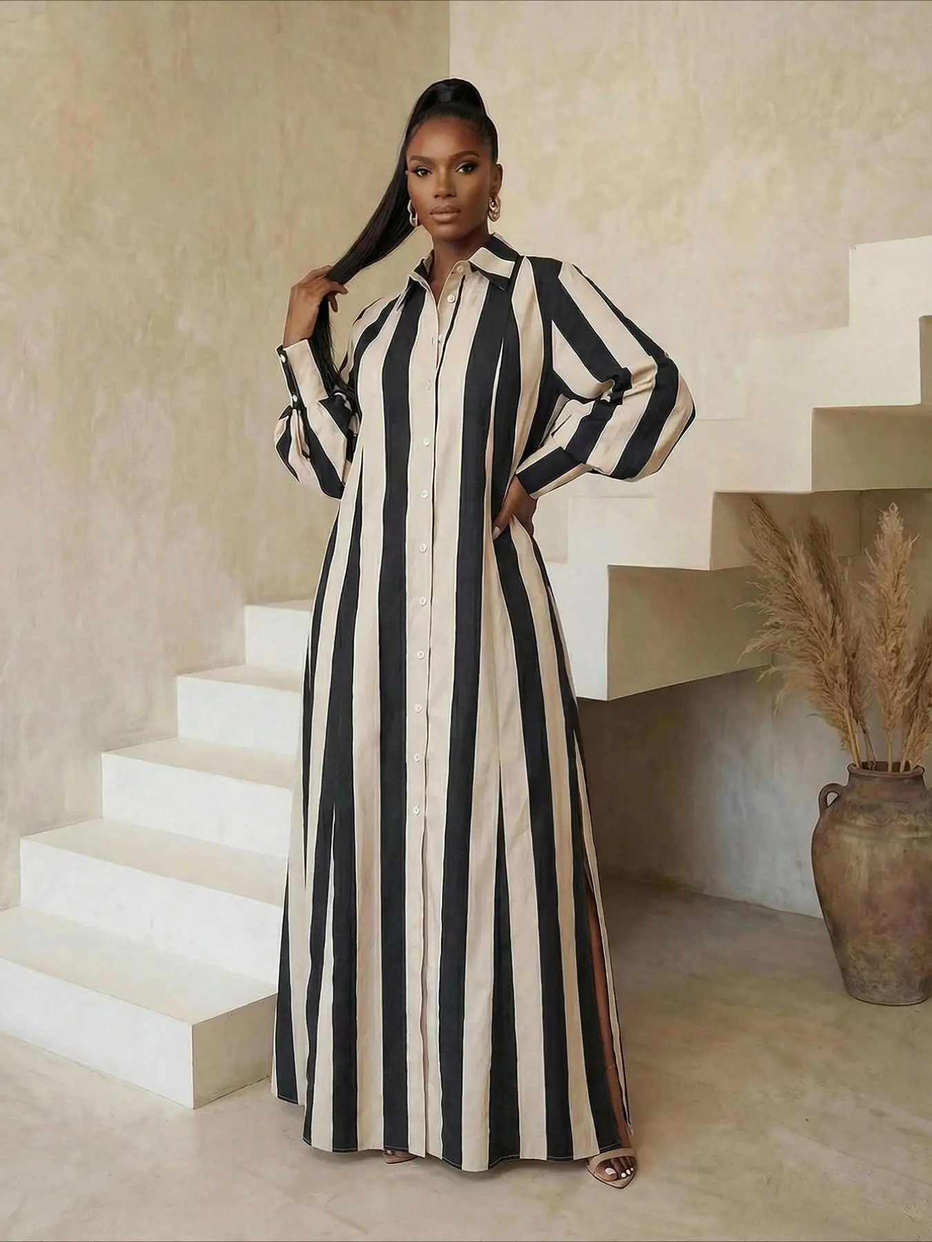 Women's Modest Striped Maxi Dress, Business Casual Dress, Button Front Collar, Long Sleeve, and Checkered, Autumn Elegance, Office Wear, Woven Fabric