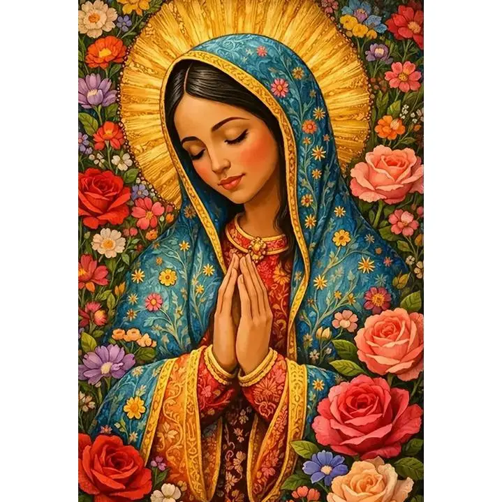 5D DIY Diamond Painting Kit, Virgin Mary Praying with Colorful Roses Religious Art, Full Round & Square Drill Rhinestones, Mosaic Cross Stitch Handmade Wall Art Home Decor Gift (Drill Shapes Included)