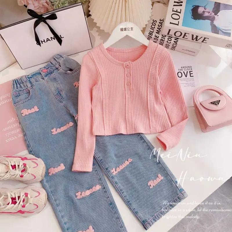 Little Girls' 2-Piece Casual Wear Set, Cotton Blend Long-Sleeve Crew Neck Top & Floral Embroidery Jeans, Prop 65 Safe Top+Jeans for Spring & Fall