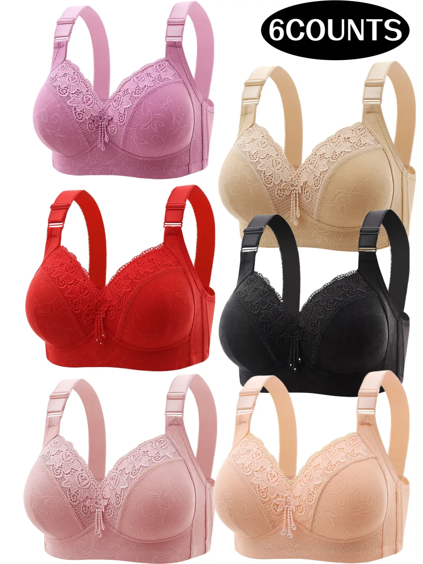 6-Pack Women's Lace Wireless Push-Up Bras, Seamless Comfort Fit, Daily Wear Underwire-Free Bra, Breathable Soft Fabric, Full Day Support