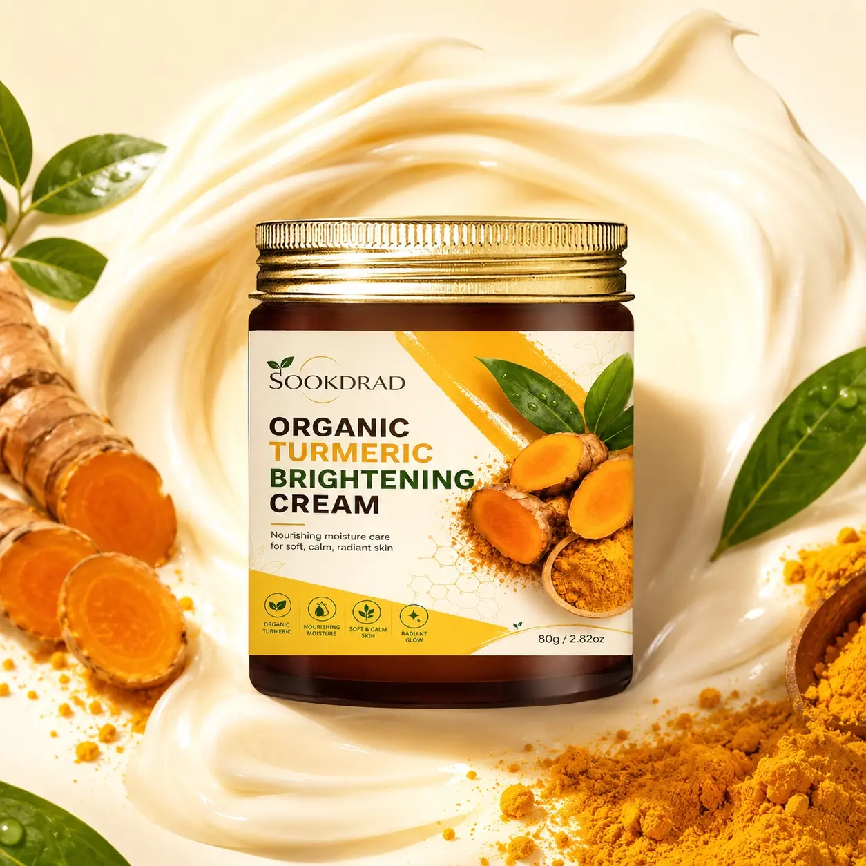 Organic Turmeric Brightening Cream, organic turmeric, brightening, nourishing moisture, moisturizing, soft skin, calm skin, radiant skin, facial care, all skin types, daily skincare, 80g/2.82oz