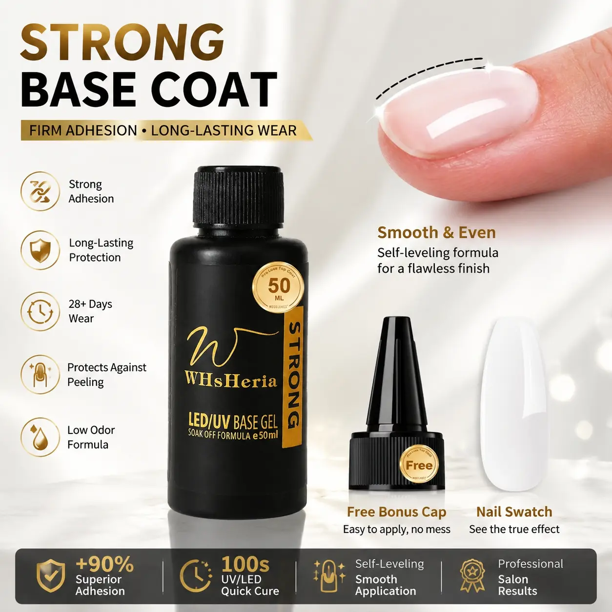 WHSHERIA Professional 50ML Gel Nail Polish Base and Top Coat Set, HEMA Free TPO Free No Wipe Top Coat, Ultra High Shine Finish, Long Lasting Scratch Resistant UV LED Gel Polish for Salon Quality DIY Manicure