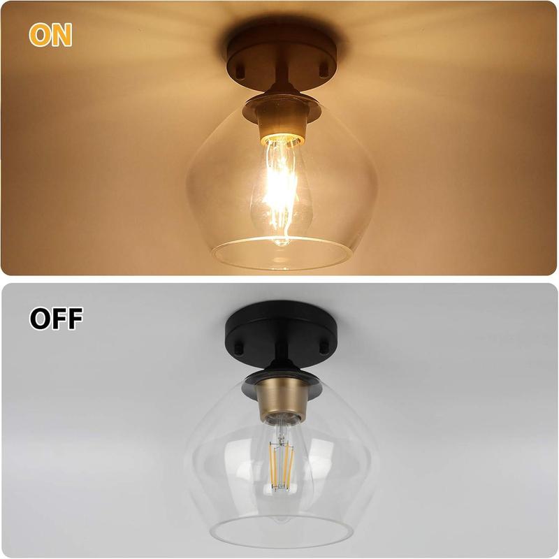 Modern Semi Flush Mount Ceiling Light with Clear Glass Shade, Industrial Close to Ceiling Light, Black Hanging Ceiling Light Fixture for Hallway, Bedroom, Dining Room, Entryway, Foyer