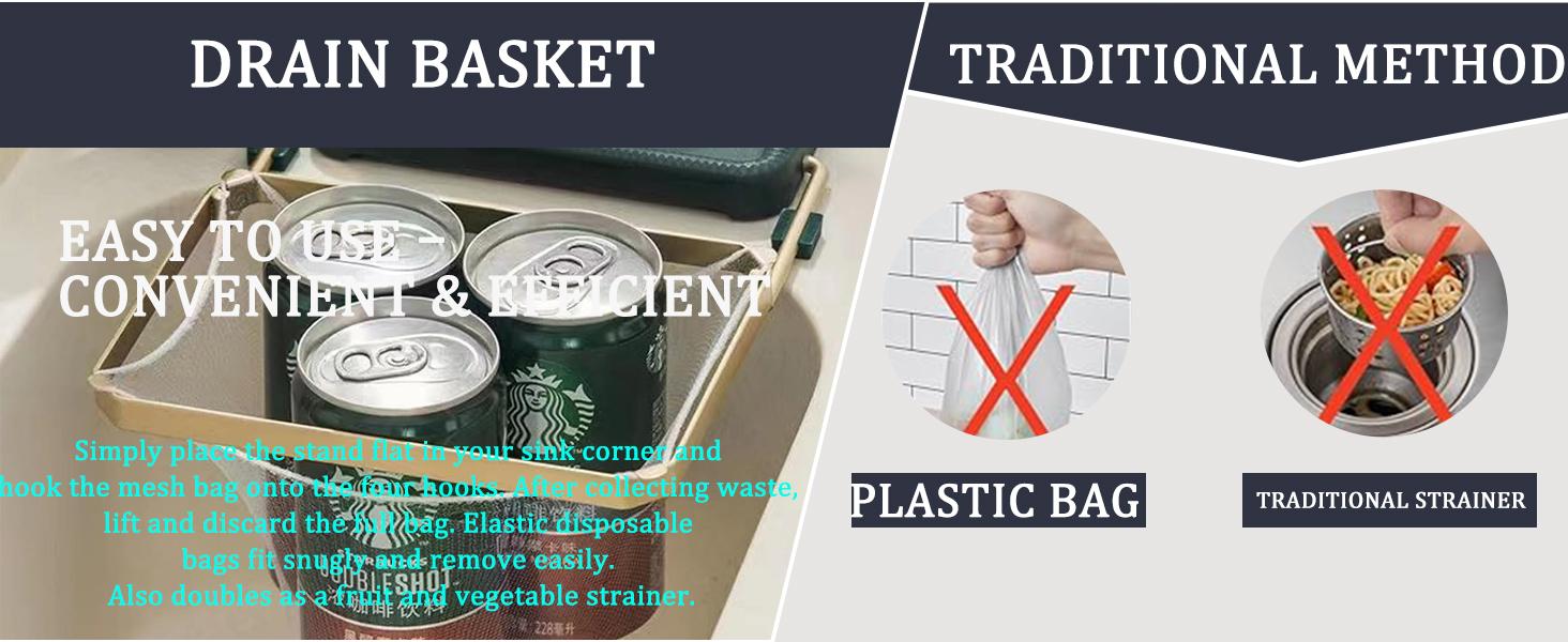 Foldable Kitchen Sink Filter Basket, 100 Disposable Mesh Bags, Rotatable Food Waste Disposal Gadget (White)