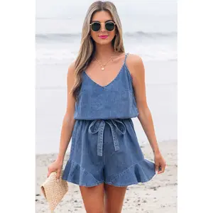 Ashleigh Blue Spaghetti Straps V Neck Belted Ruffled Leg Chambray Romper