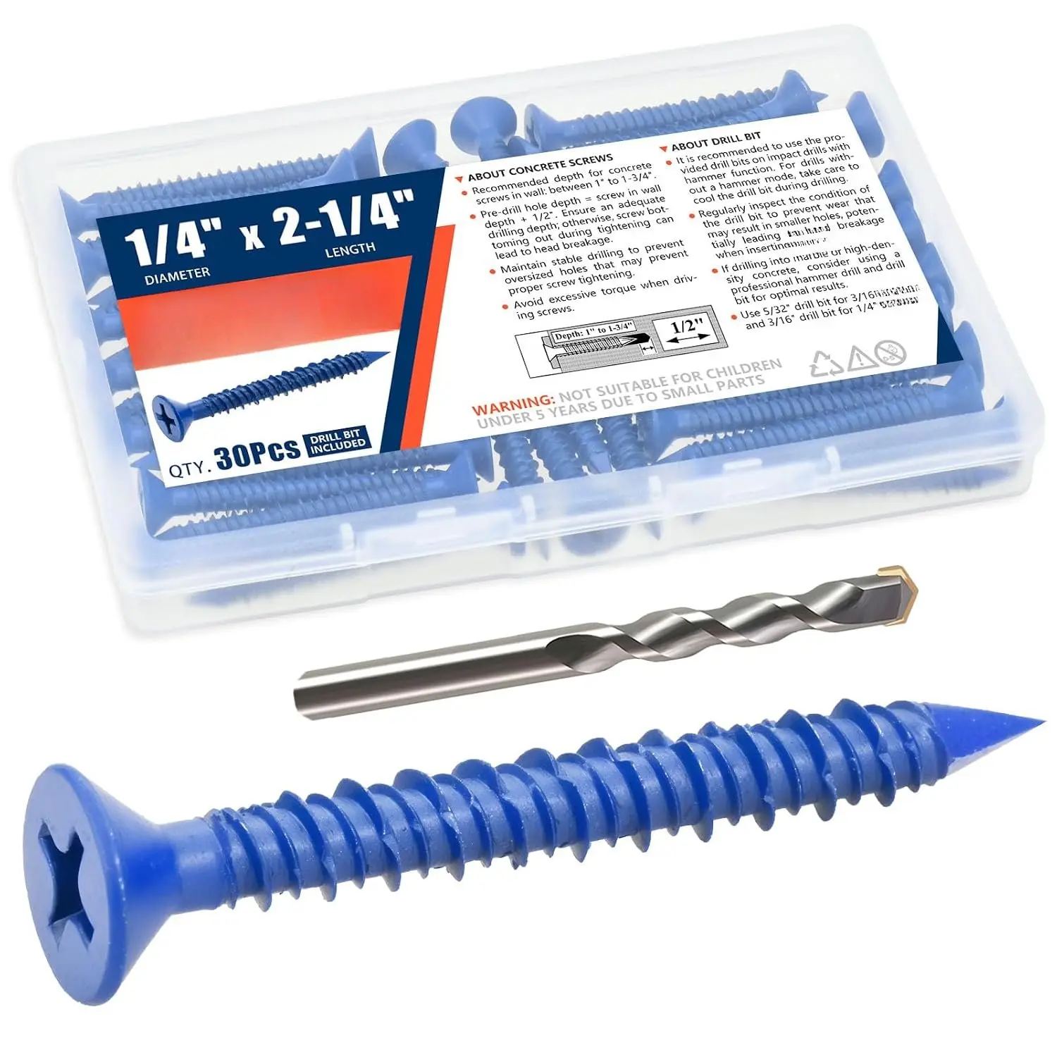 1/4" x 2-1/4" Concrete Screw Anchor, Blue Flat  Screws for Anchoring to Masonry, Brick, Block, Cement or Stucco (Pack of 30)