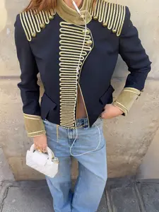 women's bomber jacket Military Cropped Jacket Long Sleeved Jacket Vintage Stand Buttons Side Pockets Back Waist Strap Women's Summer Suit Streetwear Woman Fashion
