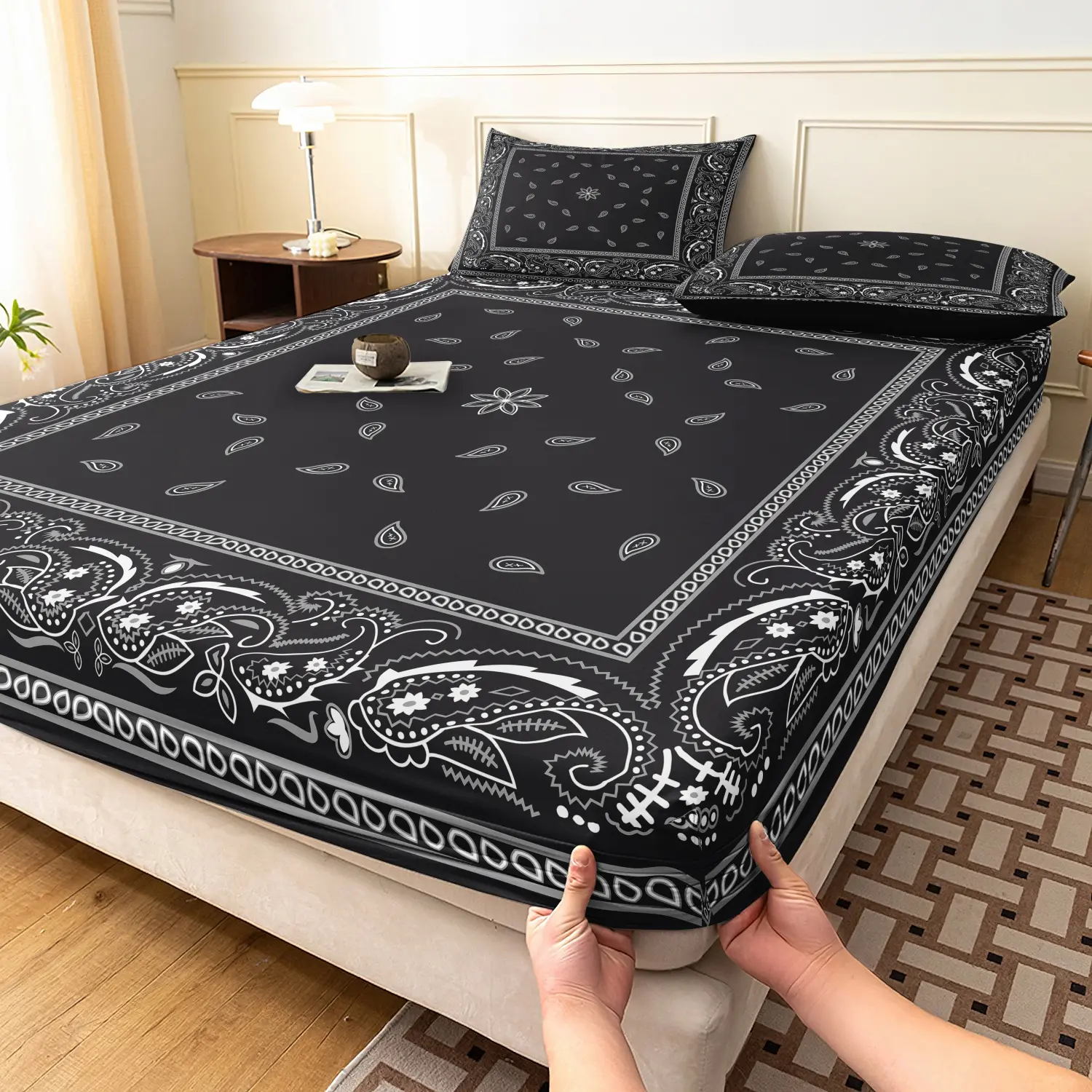 3Pcs Black Paisley Print Fitted Boho Sheets Set, White Vintage Floral Bohemia Printed Bedding, Soft Microfiber Streetwear Aesthetic Bedding For Bedroom Home Decoration, Multiple Sizes Available (1 Fitted Sheet + 2 Pillowcases, No Pillow)