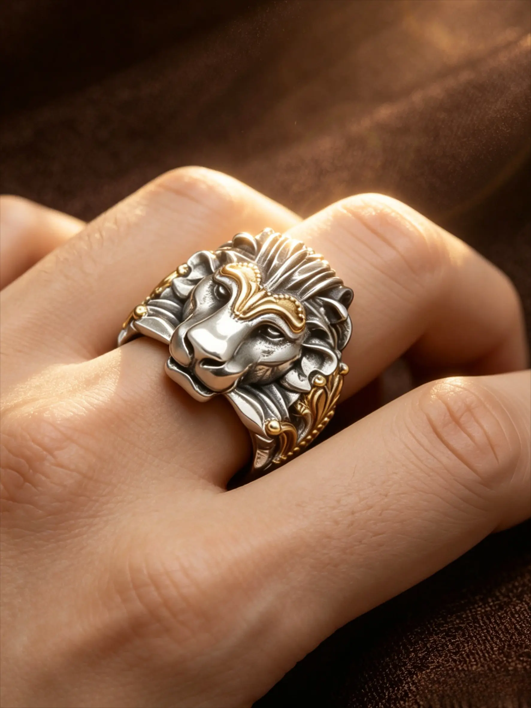 Vintage 3D Carved Lion Head Wide Ring For Him Her, Two-Tone Oxidized Silver With Gold Inlay Detail, Majestic King Animal Gothic Biker Statement Jewelry, Daily Party Birthday Anniversary Gift For Boyfriend Husband Beast Lovers