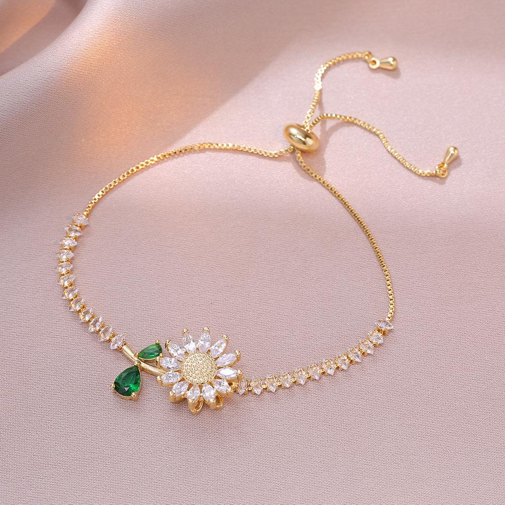 3PCS Jewelry Set, Green Leaf, Rotating Sunflower Zircon Necklace Ring Bracelet Fashion Suit Clavicle Chain