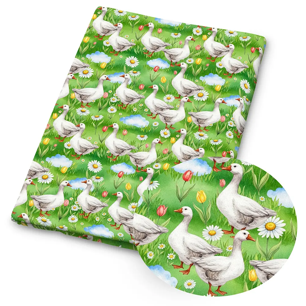 1 piece of duck-print fabric – 59 x 19.68 inches (150 x 50 cm), pre-cut polyester fabric featuring a retro-style design of green ducks and daisies – ideal for DIY sewing, scrapbooking, tablecloths and craft projects