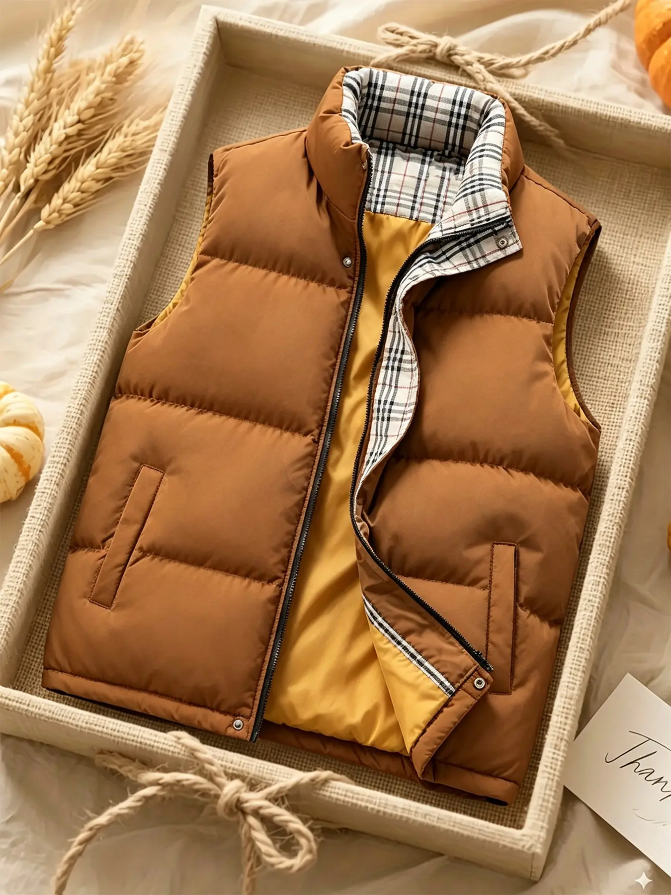 Unisex Multi-Color Plaid Lining Stand Collar Puffer Vest Maillard Style Fall Winter Warm Layering Casual Cotton Gilet