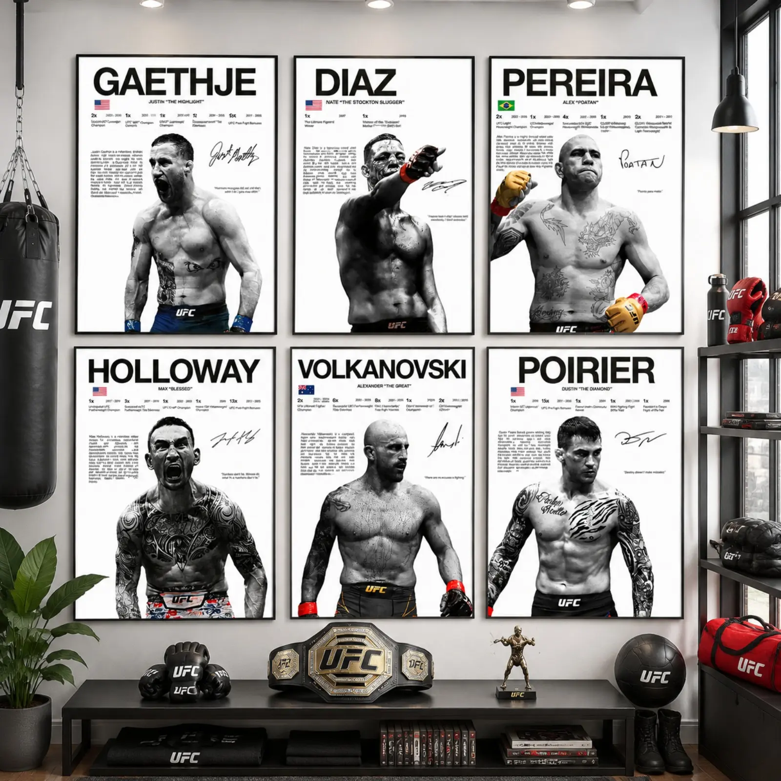 UFC Legendary Fighter Canvas Wall Art Poster, Pereira, Volkanovski, Holloway, Diaz, Gaethje, Poirier Signed Style Artwork, MMA Champion Collection Print, Combat Sports Decoration for Man Cave, Gym, Bedroom, Dorm Room, Perfect Gift for UFC Fans