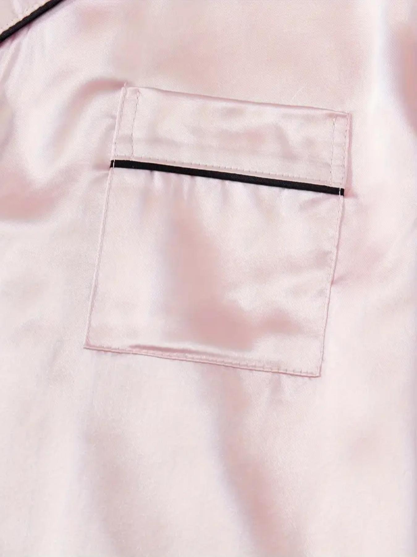 Women's Contrast Binding Button Front Satin Pyjama Dress, Soft Basic Casual Cute Elegant Comfy Short Sleeve Lapel Neck Pocket Nightdress, Ladies Sleepwear for All Seasons, Pajamas, Womenswear, Pajama Set, Garment, Loungewear
