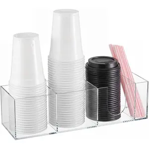 Acrylic coffee cup holder, suitable for countertops, with 4 compartments, cup lid and straw dispenser, coffee station organizer, suitable for lounges and restaurants