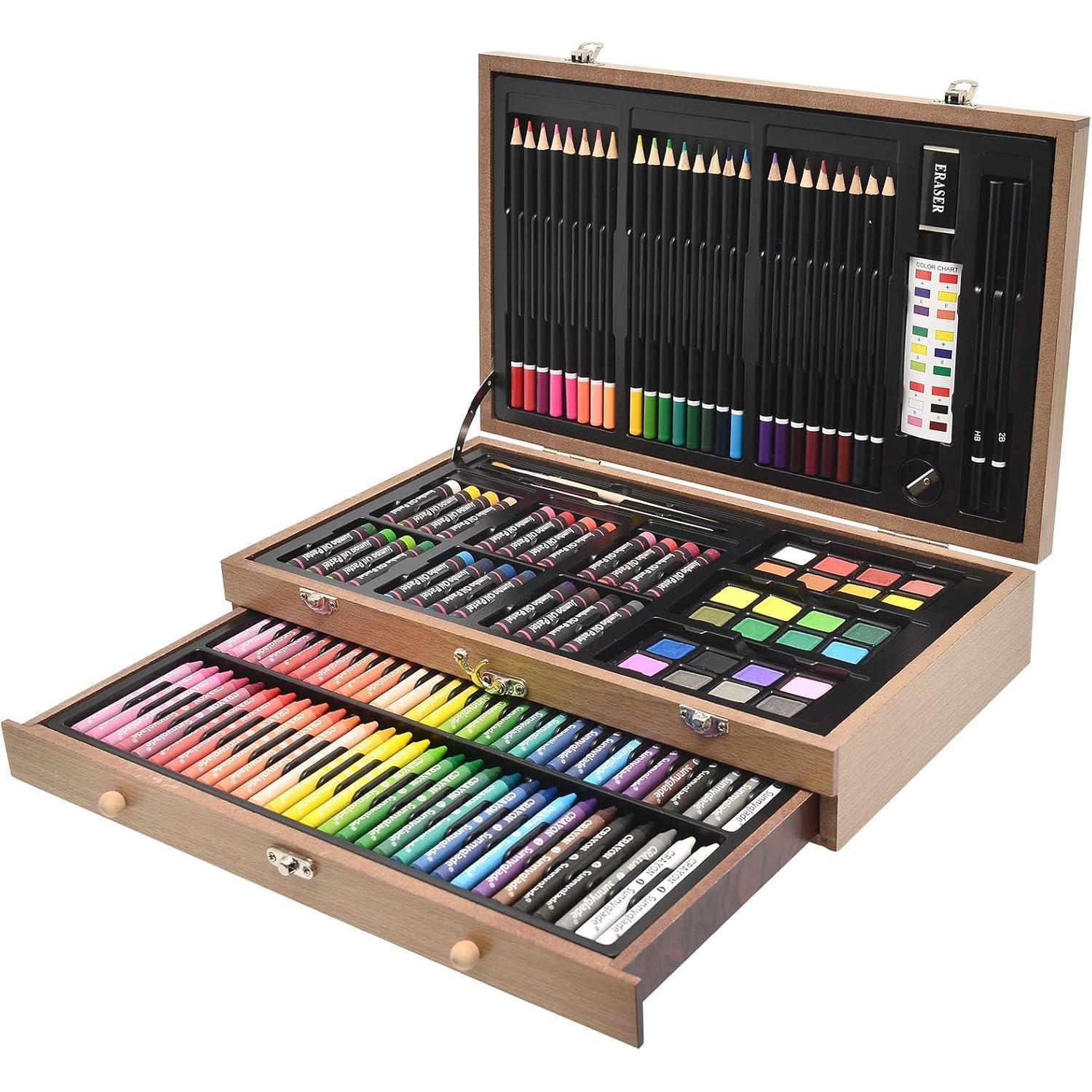 145 count Deluxe Art Set, Wooden Art Box & Drawing Kit with Crayons ...