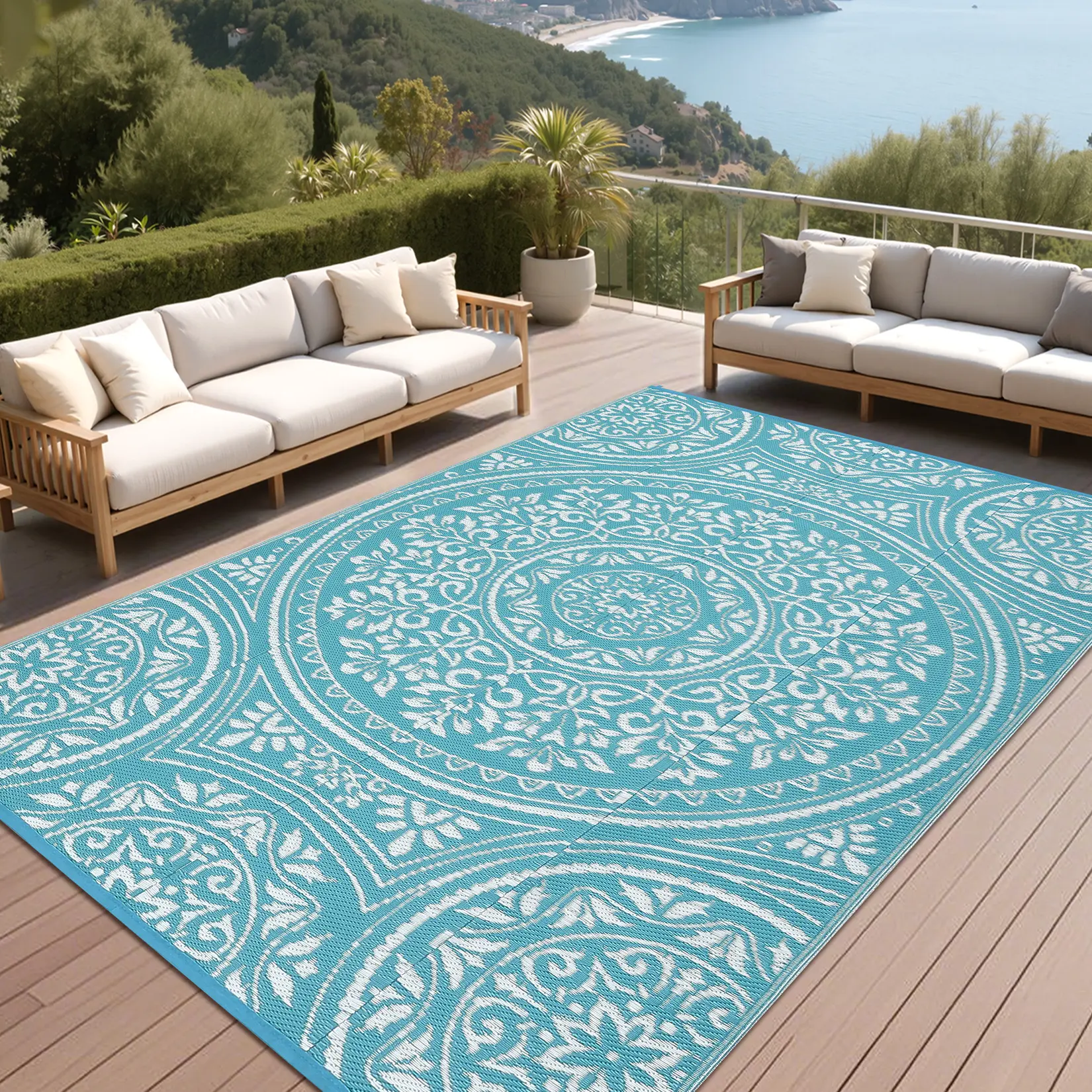Reversible Waterproof Outdoor Area Rug 8x10ft – UV & mark Resistant Patio Carpet – Durable All-Season Garden Mat for Porch, Deck – Light Blue/White
