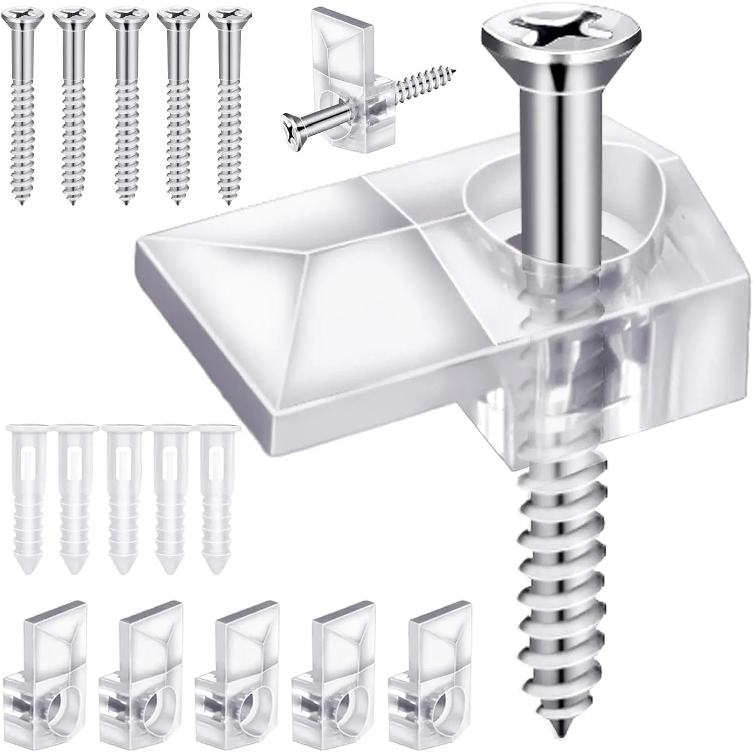 32 Pack Clear Plastic Mirror Clips, Frameless Mirror Mounting Hardware with Screws for Wall, Cabinet, Glass, Door and Picture FramesGift