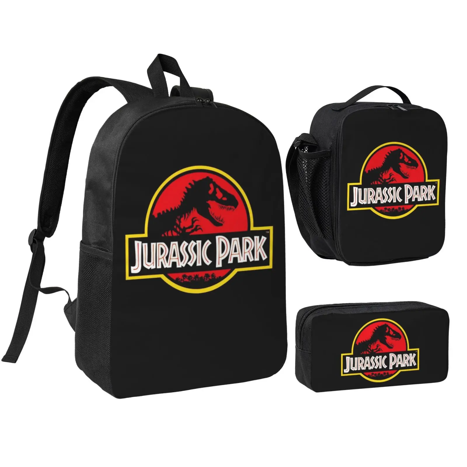 Unisex Jurassic Park 1 3-Piece Polyester Set Pack with Jurassic Logo, Cute Print, School Travel Bookbag, Lunchbox, Pencil Box, Adjustable Straps, Waterproof Anime Theme Bag for Teens