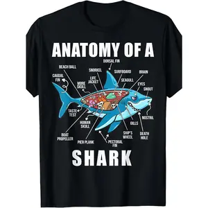 [100% Cotton] 100% Cotton Retro Shark Anatomy T-Shirt - Funny Marine Biology Graphic Tee with Shark Diagram, Casual Round Neck Shirt Suitable for Shark Lovers, Machine Washable Shark Teeth & Fins